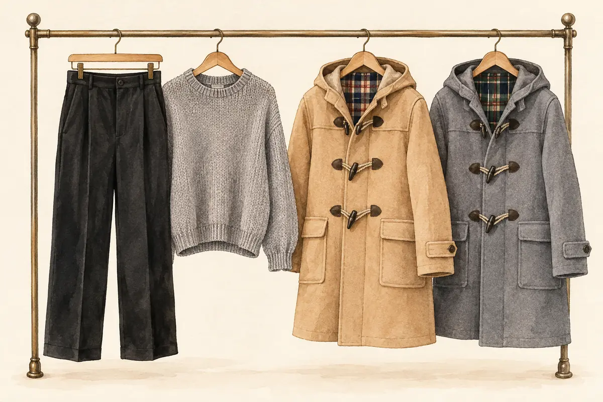 ハンガーラックに掛けた黒のパンツとグレーのニット、その横にベージュとグレーのダッフルコート（AI 生成イメージ）