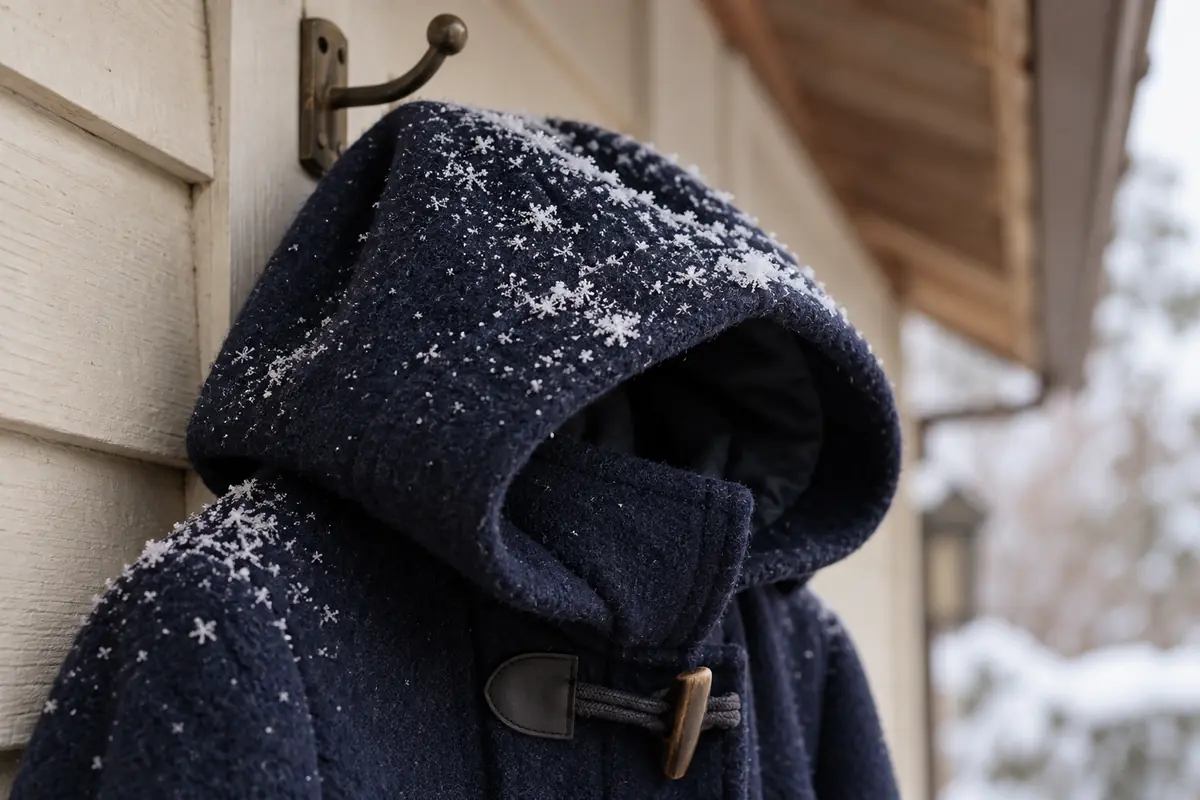 雪がうっすら積もった、紺のメルトンのフード(AI 生成イメージ)