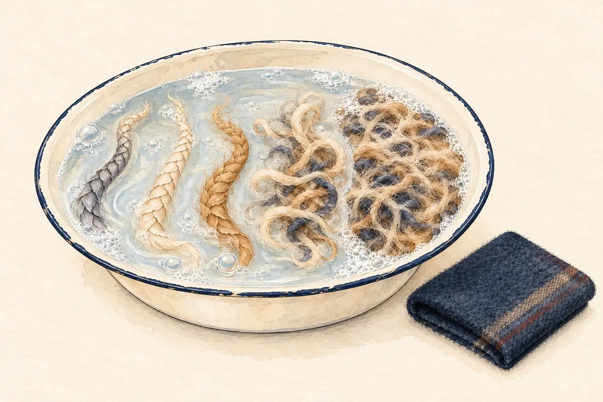 うろこ状の表面をもつ羊毛の繊維が、水と泡の中でからみ合っていく様子（AI 生成イメージ）