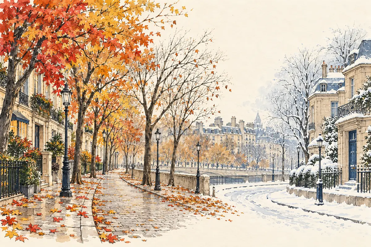 紅葉の並木道から雪の積もる街角へ、季節が移っていく街の風景（AI 生成イメージ）
