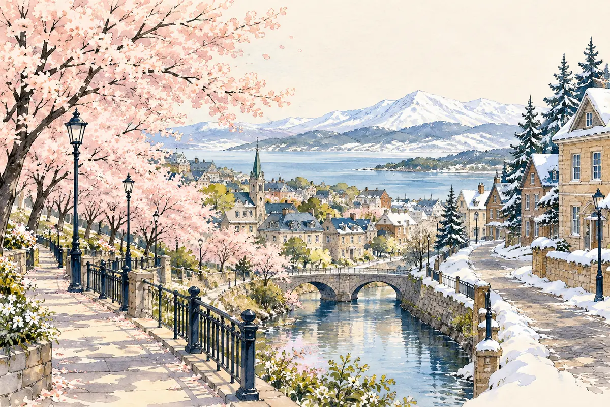 淡い桜色の並木道から、雪の残る北の街角へと続いていく、春の街の風景（AI 生成イメージ）