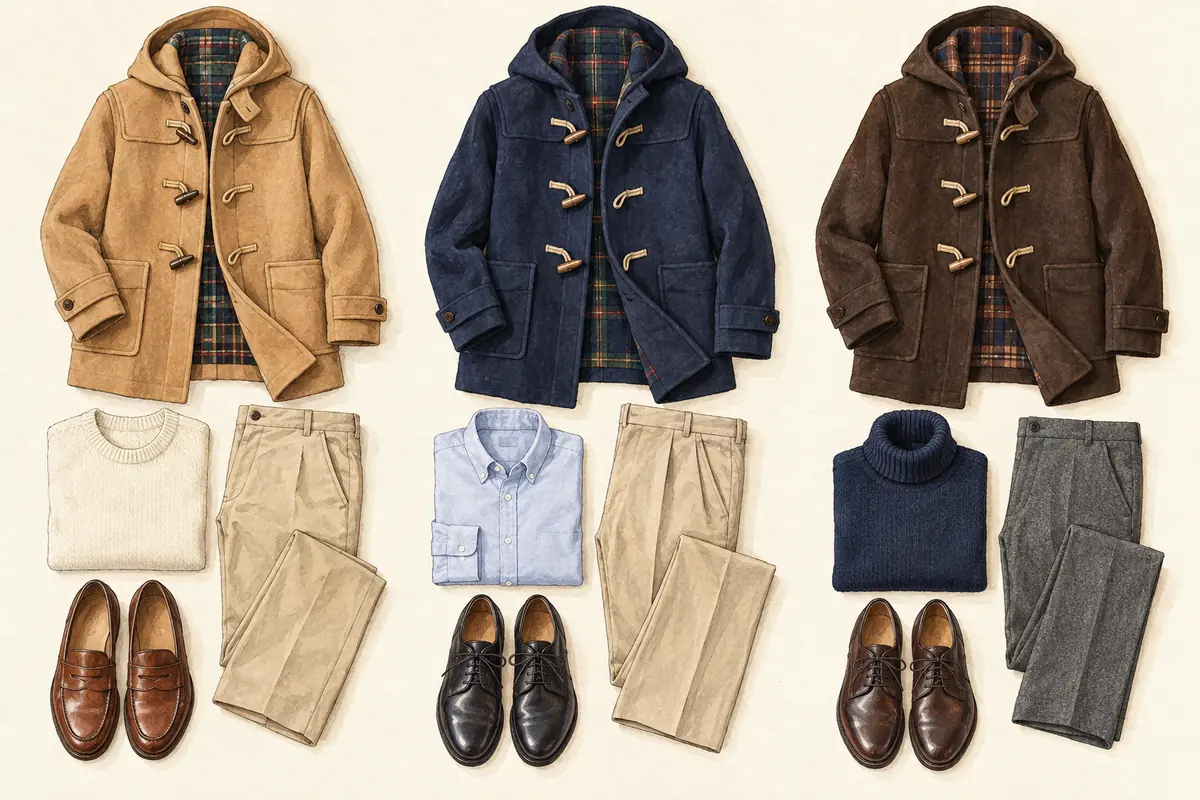 キャメル、ネイビー、ブラウンのダッフルコートと、それぞれに合わせたニットやシャツ、パンツ、革靴（AI 生成イメージ）